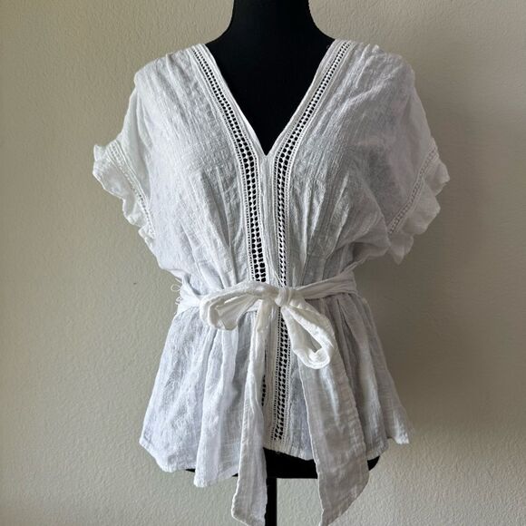 Max Studio White V-Neck Tie-Front Top Blouse L Cotton Ruffle Sleeves Boho Y2K - Picture 6 of 7